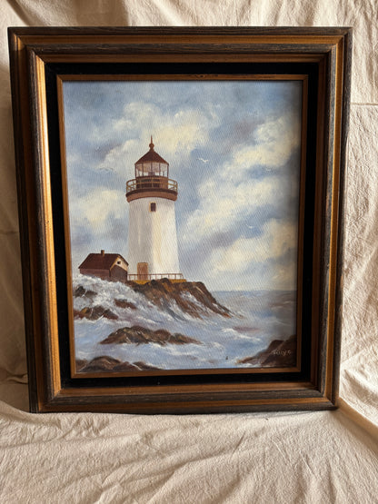 Vintage Lighthouse Oil Painting Signed Mary C, Framed Coastal Seascape Art