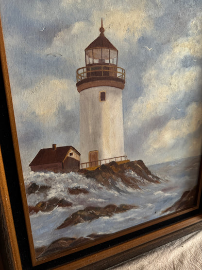 Vintage Lighthouse Oil Painting Signed Mary C, Framed Coastal Seascape Art