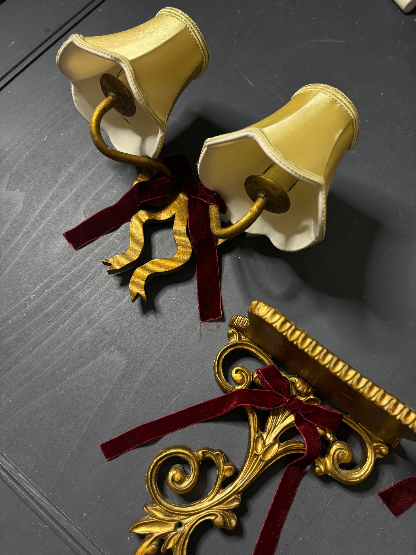 Early 20th Century Louis XVI–Style Wooden & Metal Two-Arm Ribbon Wall Lights (Pair)