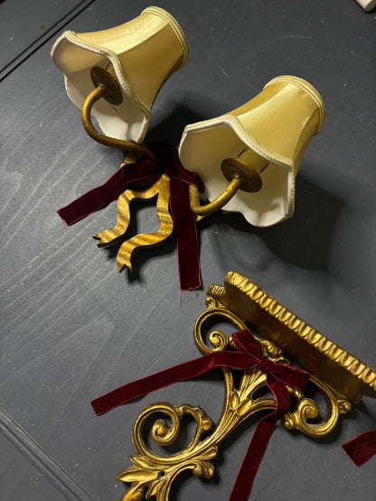 Early 20th Century Louis XVI–Style Wooden & Metal Two-Arm Ribbon Wall Lights (Pair)