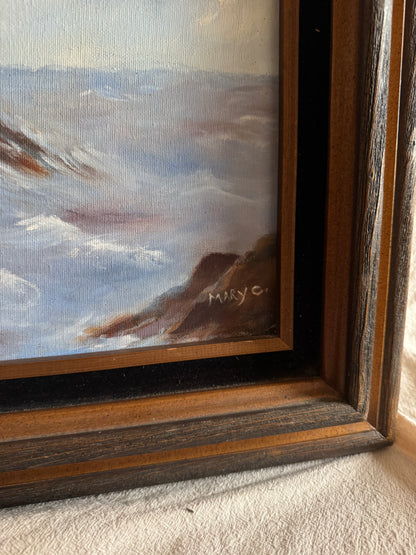 Vintage Lighthouse Oil Painting Signed Mary C, Framed Coastal Seascape Art