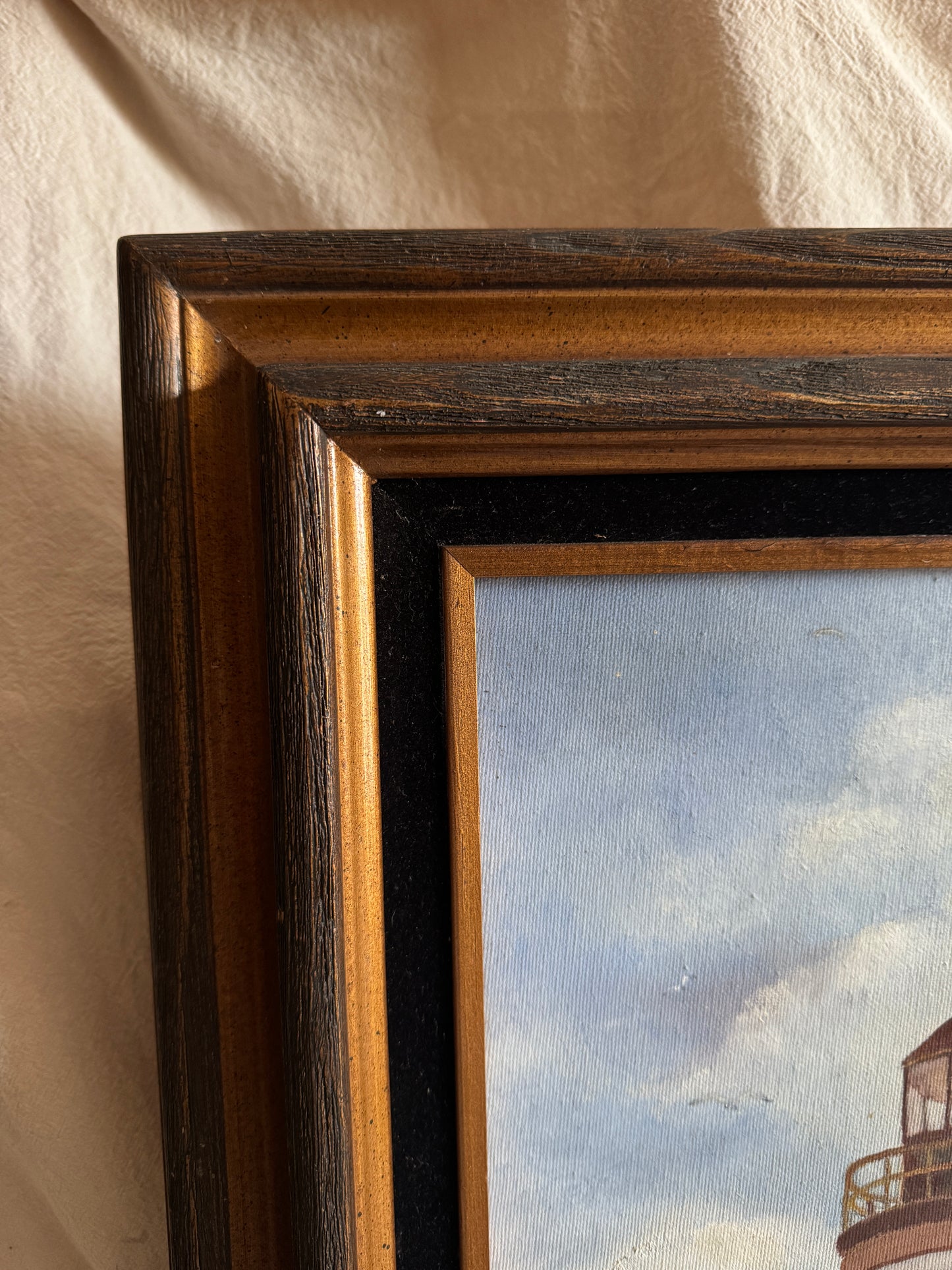 Vintage Lighthouse Oil Painting Signed Mary C, Framed Coastal Seascape Art