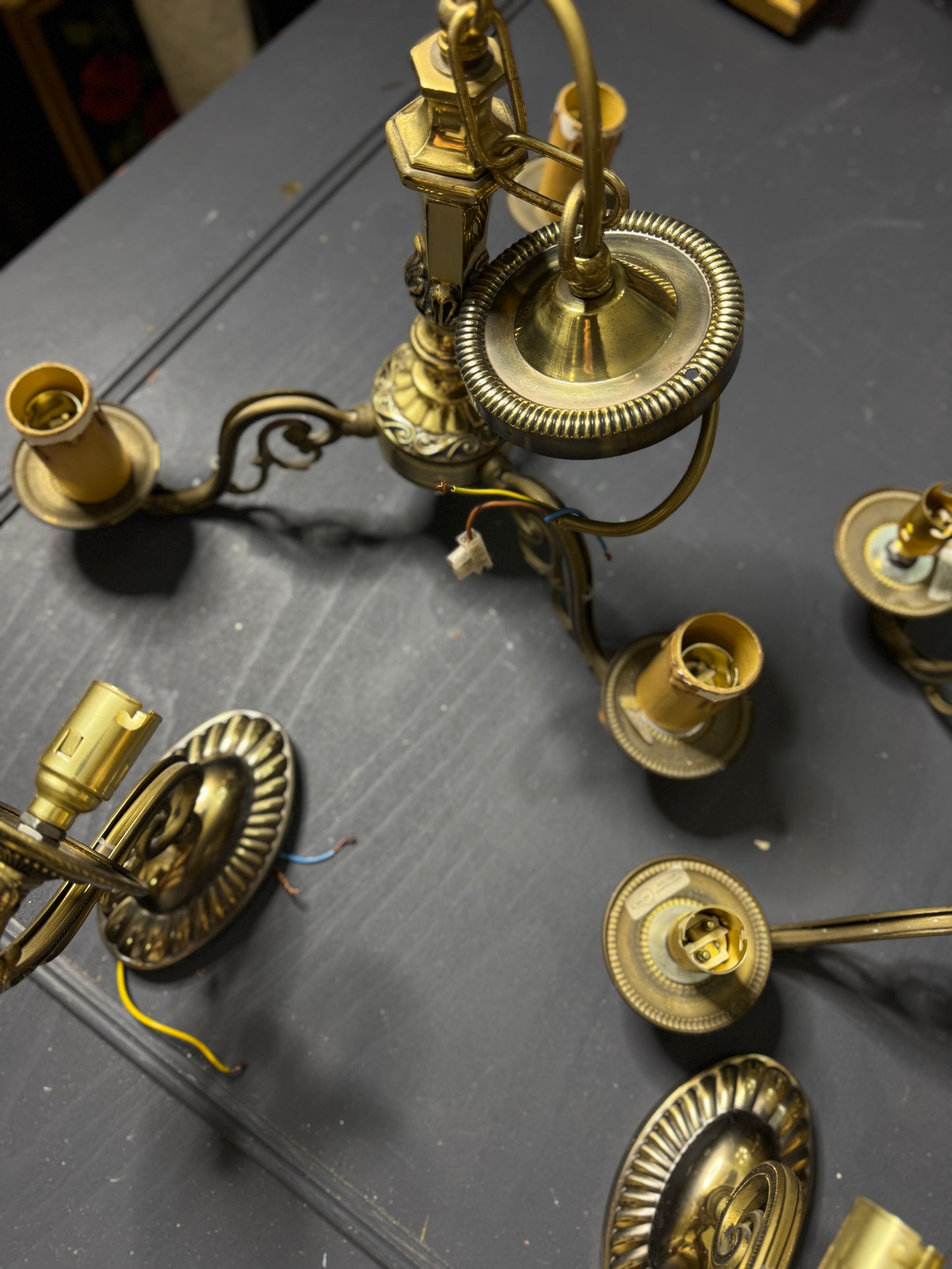 Vintage Satin Brass Lighting Set — 5-Arm Chandelier, Pair of 3-Arm Chandeliers & 4 Single Wall Lights