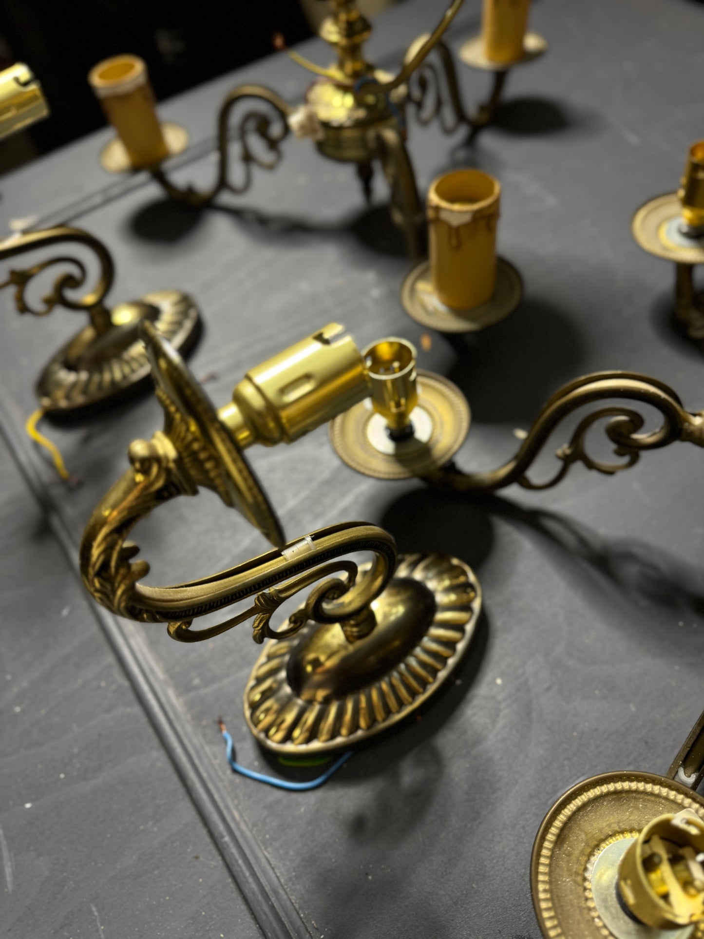 Vintage Satin Brass Lighting Set — 5-Arm Chandelier, Pair of 3-Arm Chandeliers & 4 Single Wall Lights