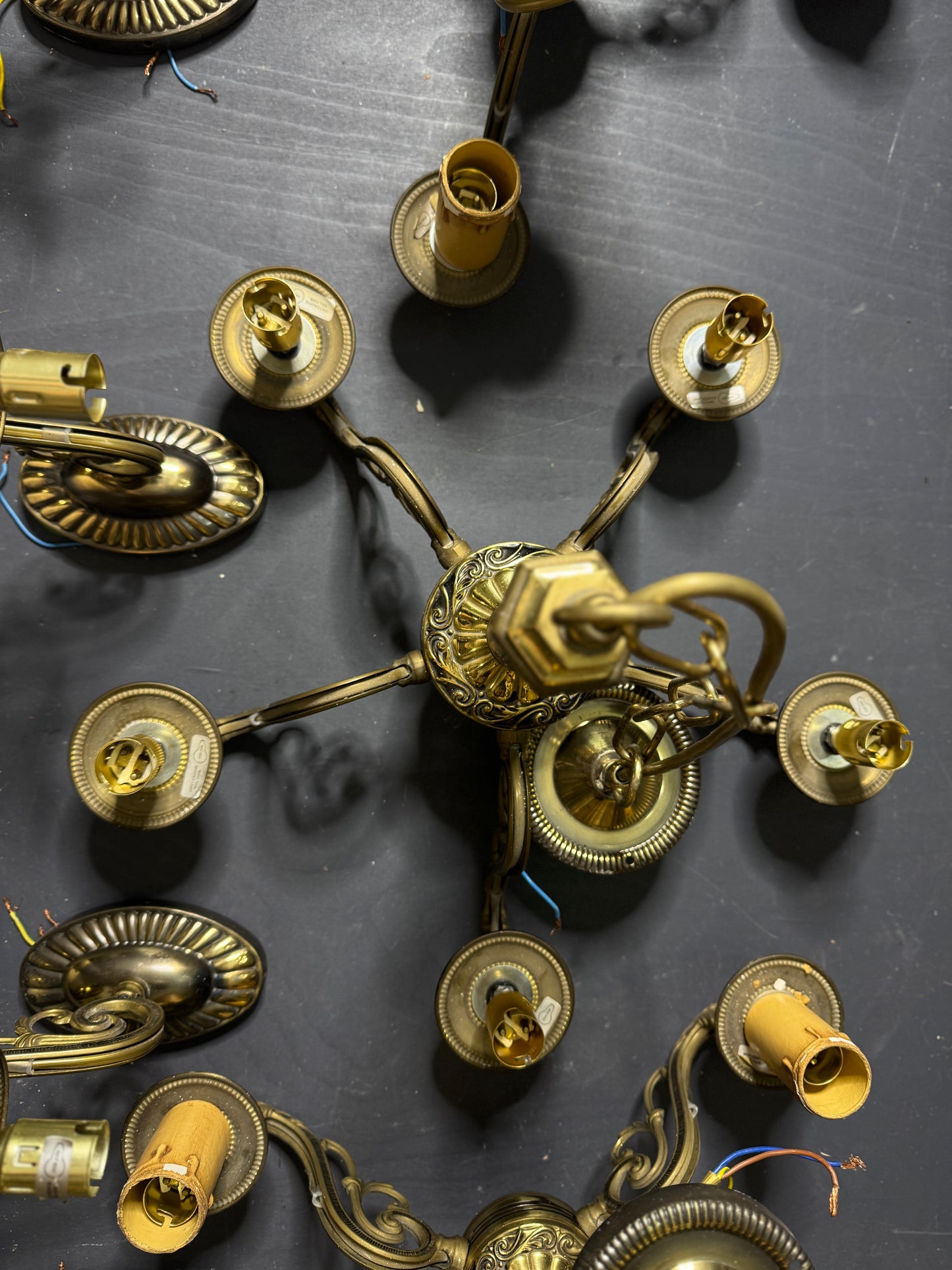 Vintage Satin Brass Lighting Set — 5-Arm Chandelier, Pair of 3-Arm Chandeliers & 4 Single Wall Lights