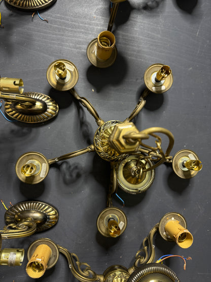 Vintage Satin Brass Lighting Set — 5-Arm Chandelier, Pair of 3-Arm Chandeliers & 4 Single Wall Lights