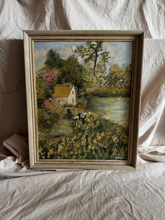 Vintage Oil Painting by Nell Bolton – Cottage Landscape “Boat House”  Impasto Artwork
