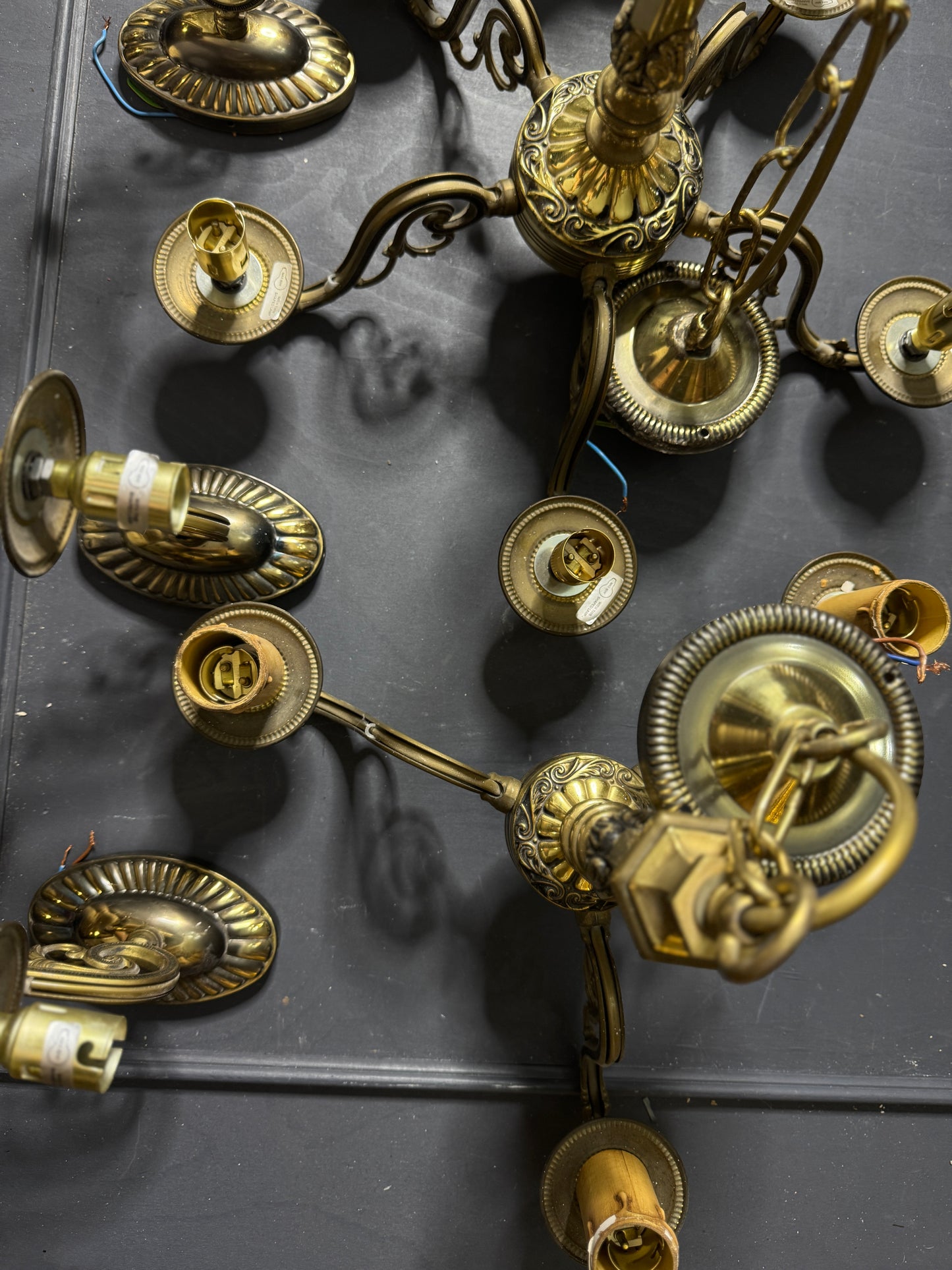 Vintage Satin Brass Lighting Set — 5-Arm Chandelier, Pair of 3-Arm Chandeliers & 4 Single Wall Lights