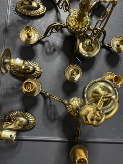Vintage Satin Brass Lighting Set — 5-Arm Chandelier, Pair of 3-Arm Chandeliers & 4 Single Wall Lights