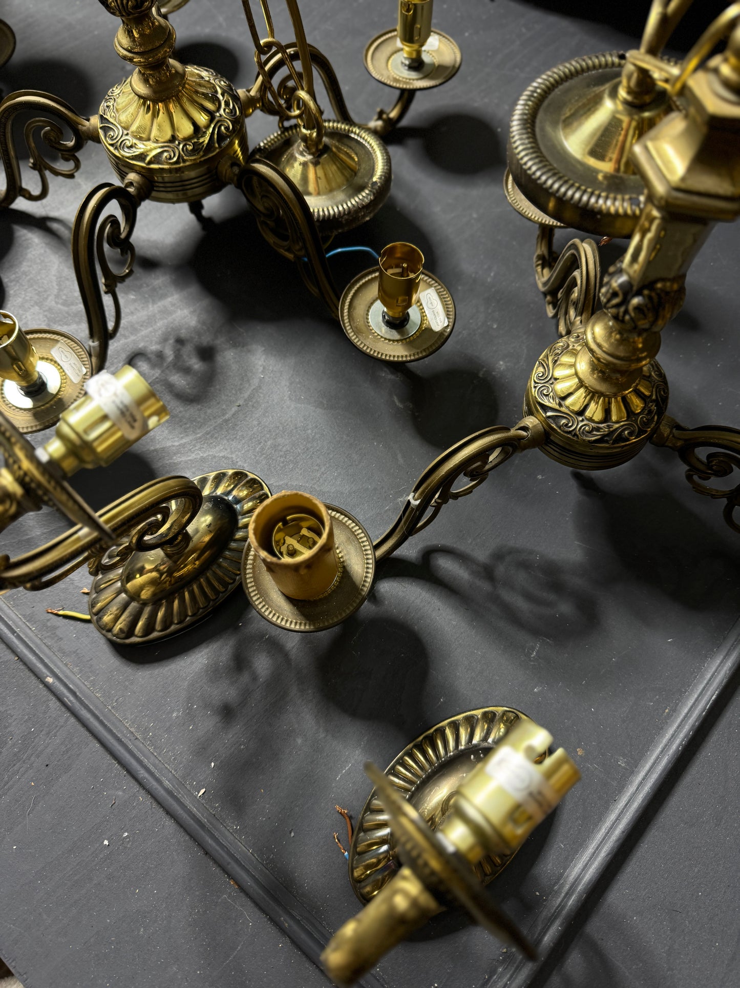 Vintage Satin Brass Lighting Set — 5-Arm Chandelier, Pair of 3-Arm Chandeliers & 4 Single Wall Lights