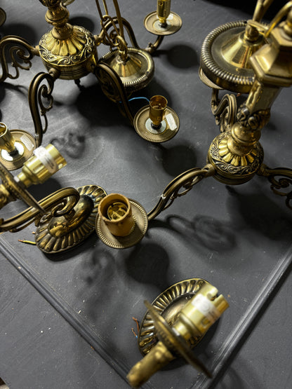 Vintage Satin Brass Lighting Set — 5-Arm Chandelier, Pair of 3-Arm Chandeliers & 4 Single Wall Lights
