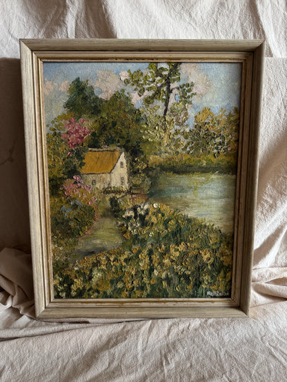 Vintage Oil Painting by Nell Bolton – Cottage Landscape “Boat House”  Impasto Artwork