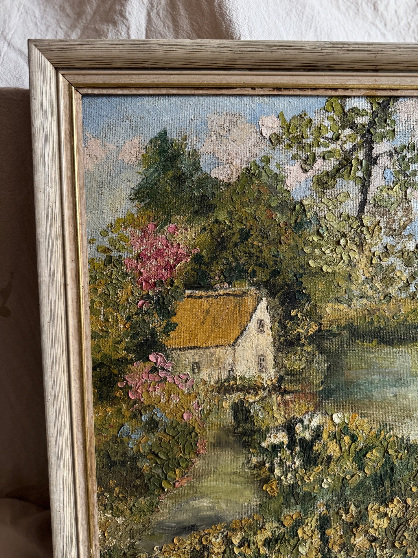 Vintage Oil Painting by Nell Bolton – Cottage Landscape “Boat House”  Impasto Artwork
