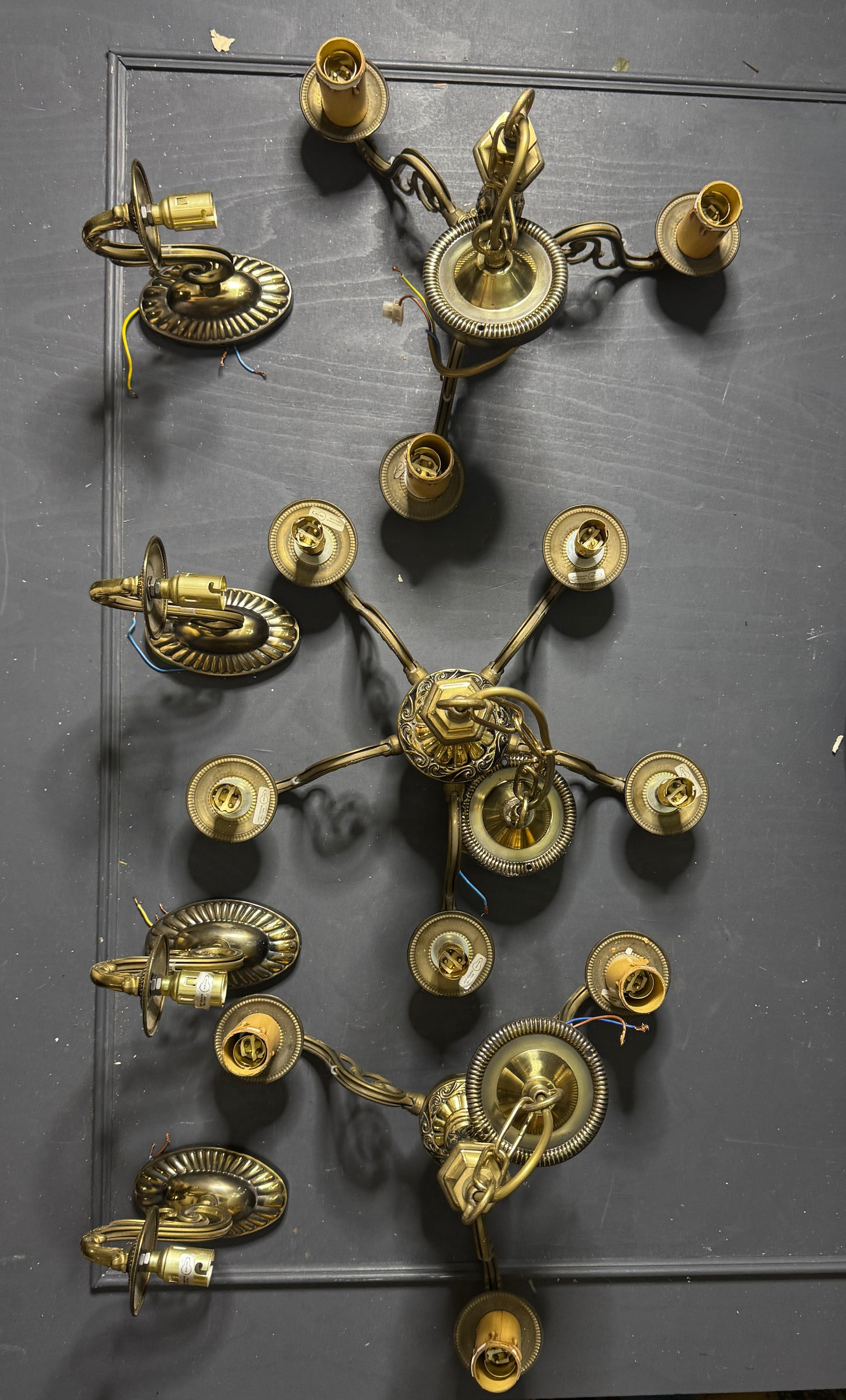 Vintage Satin Brass Lighting Set — 5-Arm Chandelier, Pair of 3-Arm Chandeliers & 4 Single Wall Lights