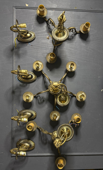 Vintage Satin Brass Lighting Set — 5-Arm Chandelier, Pair of 3-Arm Chandeliers & 4 Single Wall Lights