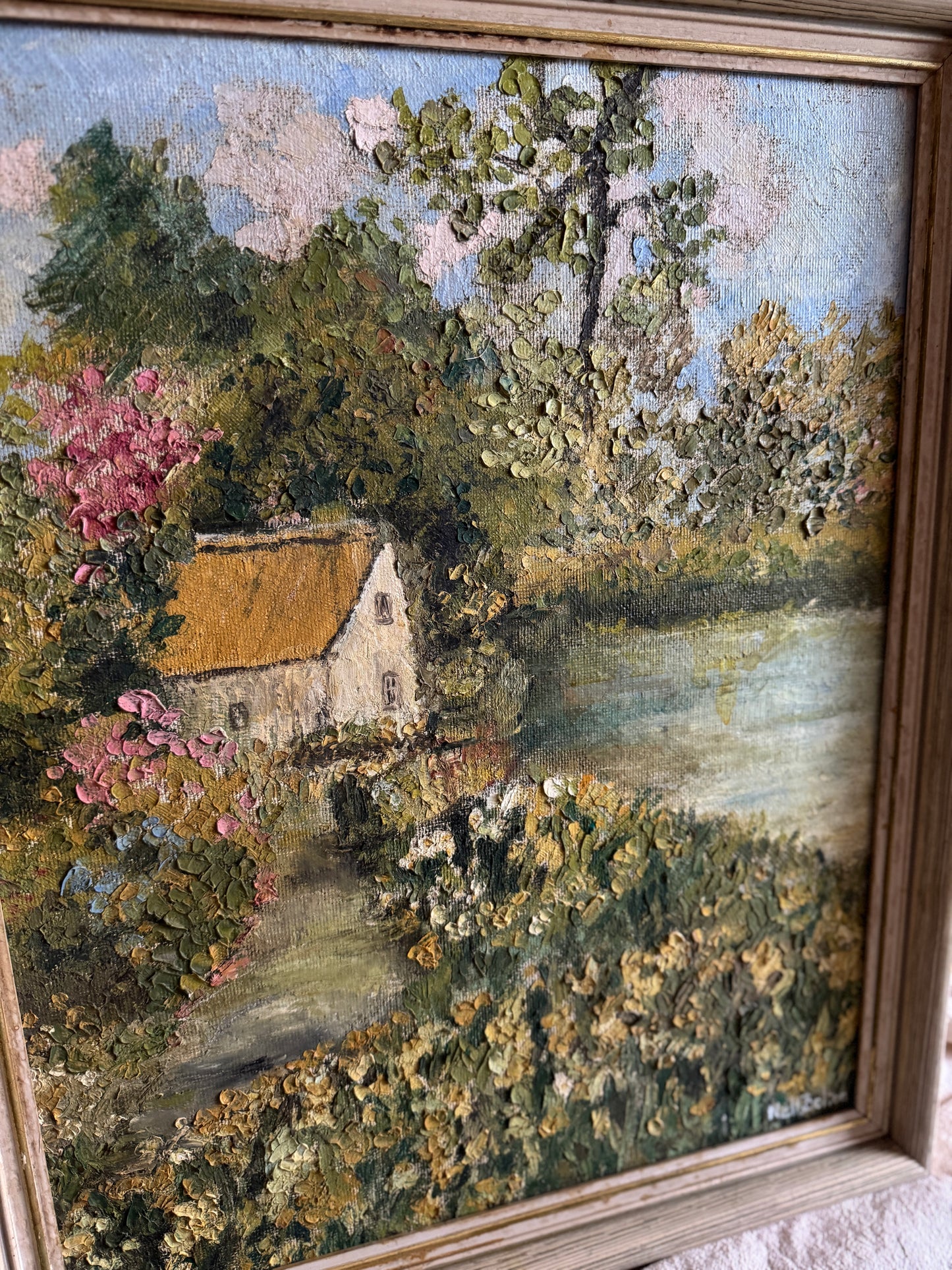 Vintage Oil Painting by Nell Bolton – Cottage Landscape “Boat House”  Impasto Artwork