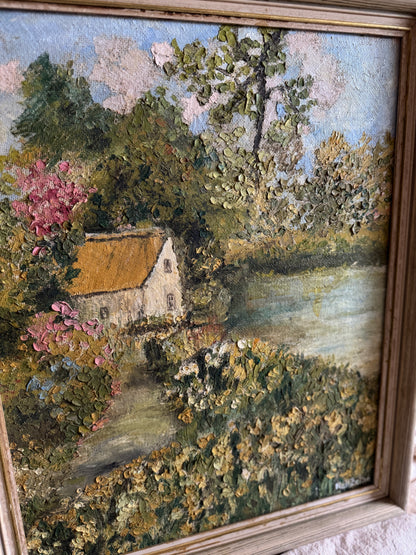Vintage Oil Painting by Nell Bolton – Cottage Landscape “Boat House”  Impasto Artwork