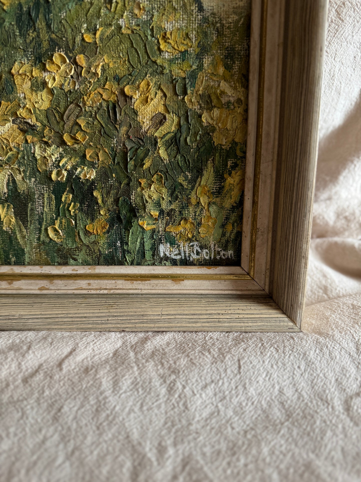 Vintage Oil Painting by Nell Bolton – Cottage Landscape “Boat House”  Impasto Artwork