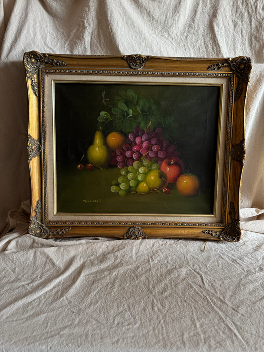 Frank Lean Still Life Oil Painting Signed French Artist Fruit Bowl in Ornate Frame
