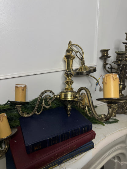 Vintage Satin Brass Lighting Set — 5-Arm Chandelier, Pair of 3-Arm Chandeliers & 4 Single Wall Lights