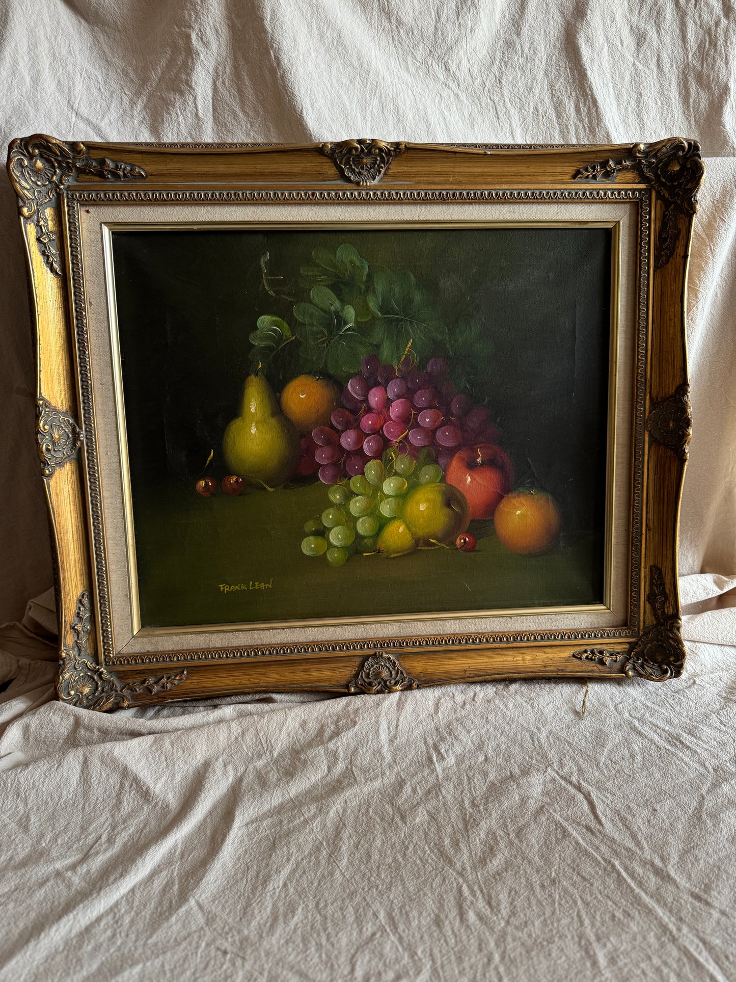 Frank Lean Still Life Oil Painting Signed French Artist Fruit Bowl in Ornate Frame