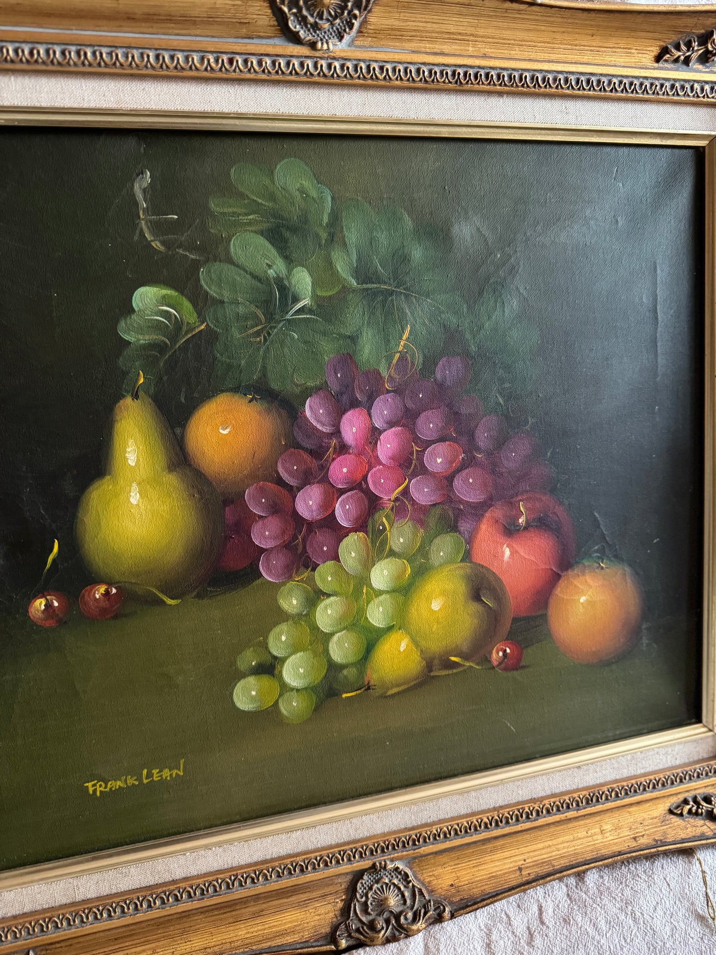 Frank Lean Still Life Oil Painting Signed French Artist Fruit Bowl in Ornate Frame