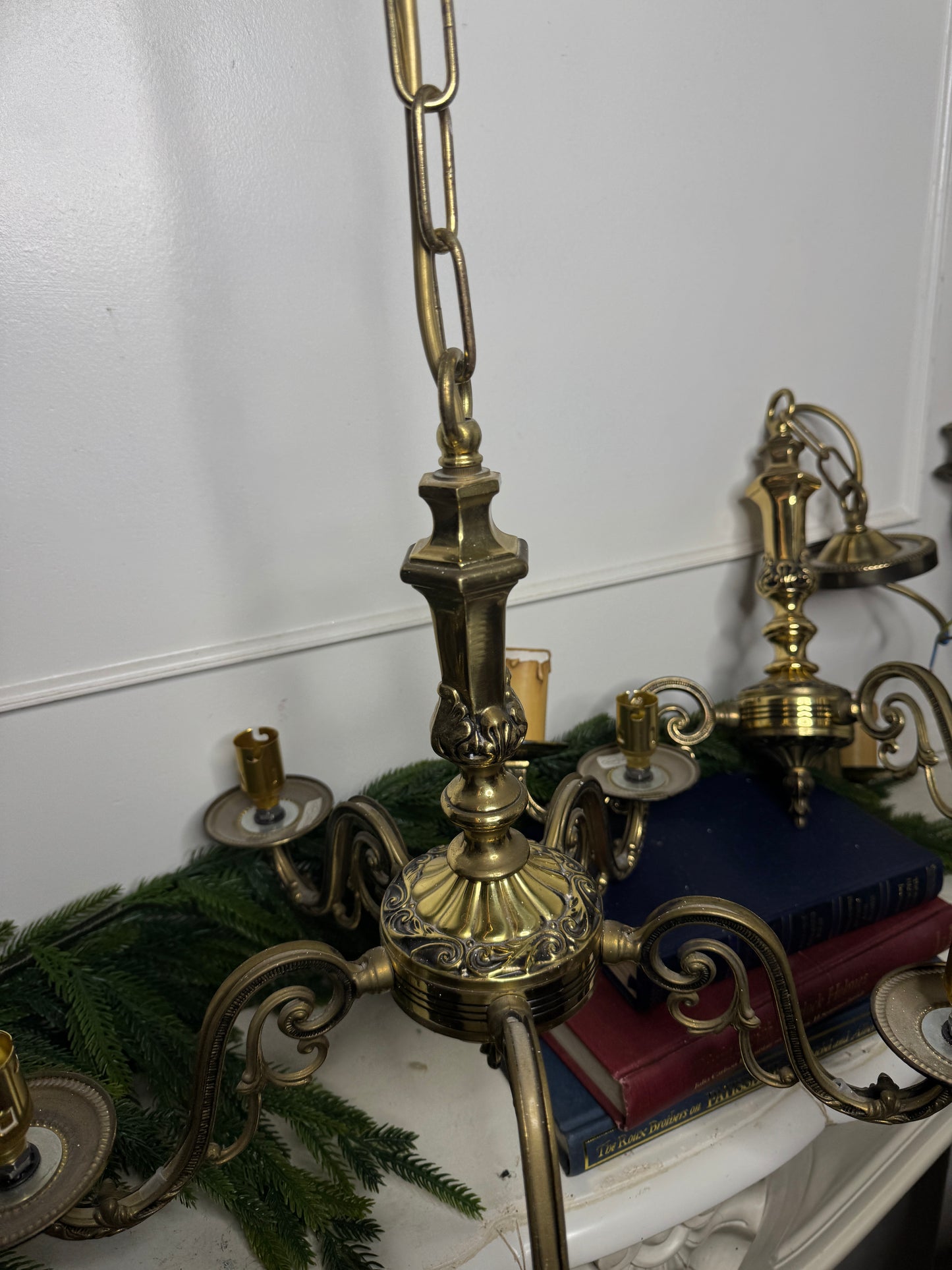Vintage Satin Brass Lighting Set — 5-Arm Chandelier, Pair of 3-Arm Chandeliers & 4 Single Wall Lights