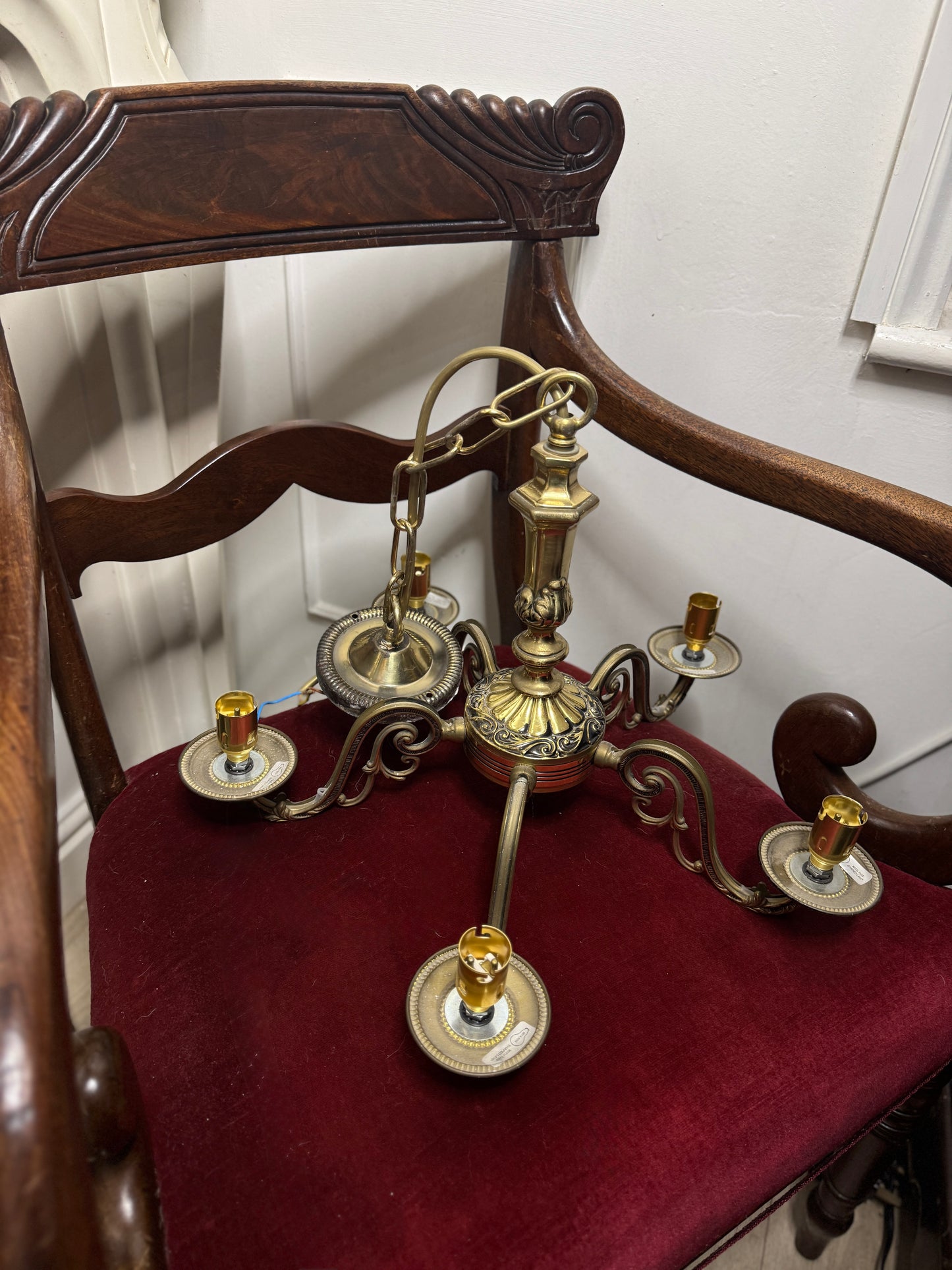 Vintage Satin Brass Lighting Set — 5-Arm Chandelier, Pair of 3-Arm Chandeliers & 4 Single Wall Lights