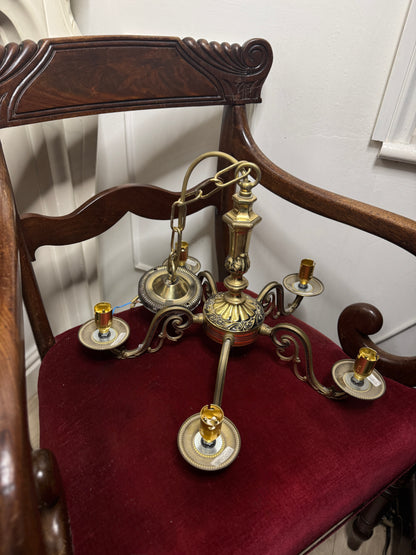 Vintage Satin Brass Lighting Set — 5-Arm Chandelier, Pair of 3-Arm Chandeliers & 4 Single Wall Lights