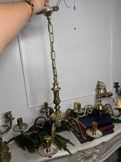 Vintage Satin Brass Lighting Set — 5-Arm Chandelier, Pair of 3-Arm Chandeliers & 4 Single Wall Lights