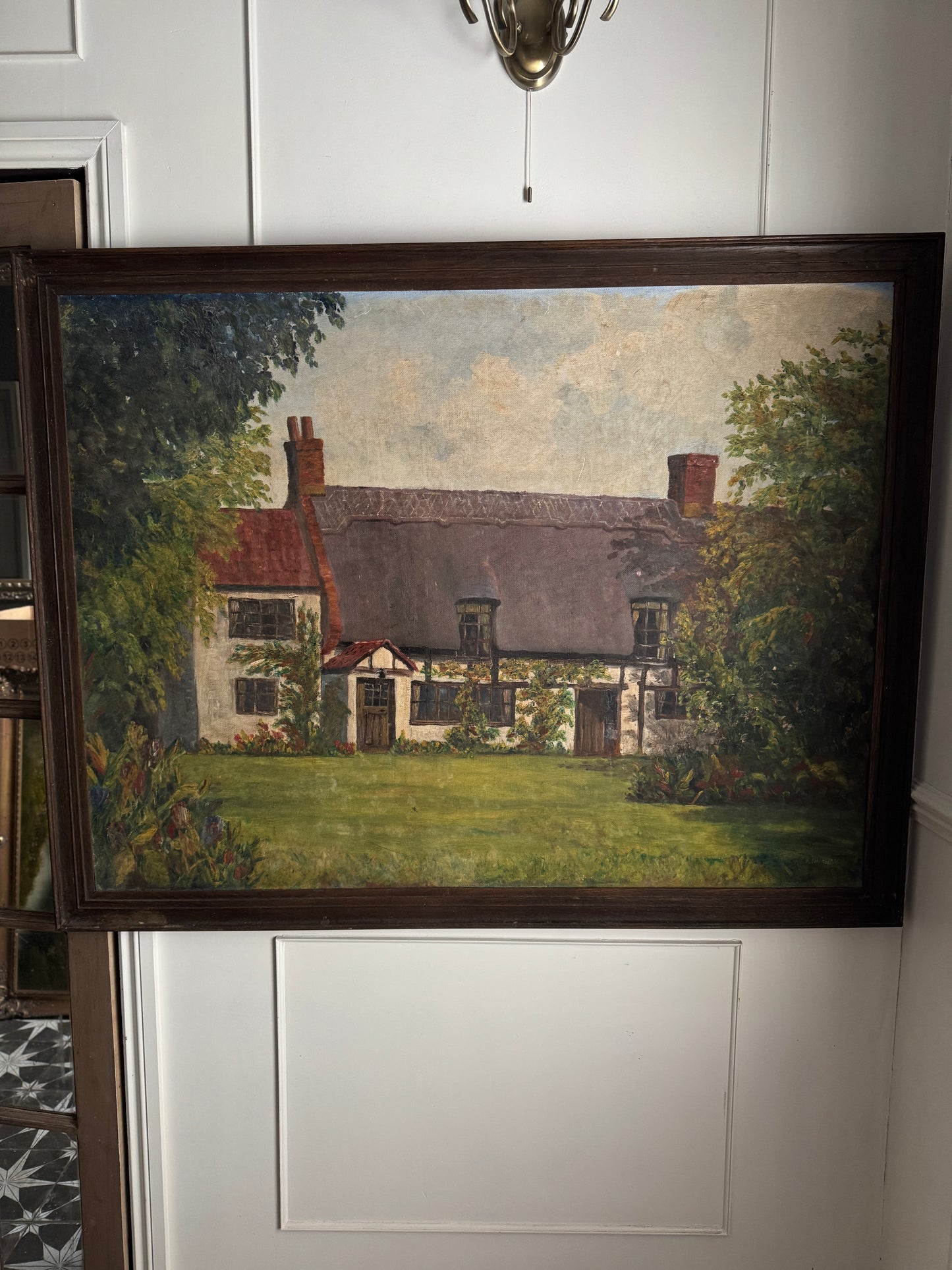 Extra Large English Cottage Oil Painting –Framed Rustic Thatched Farmhouse Scene 127 x 99 cm