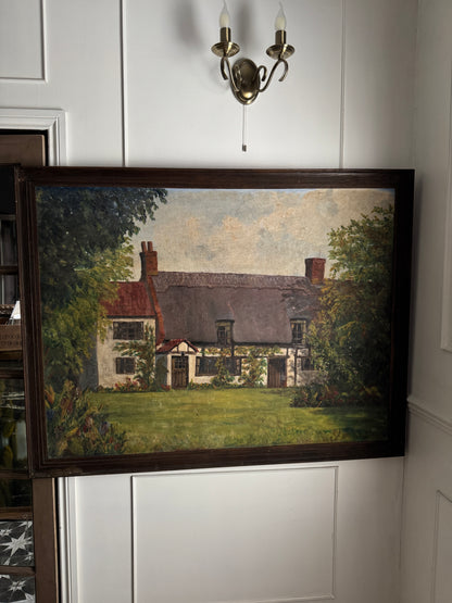 Extra Large English Cottage Oil Painting –Framed Rustic Thatched Farmhouse Scene 127 x 99 cm