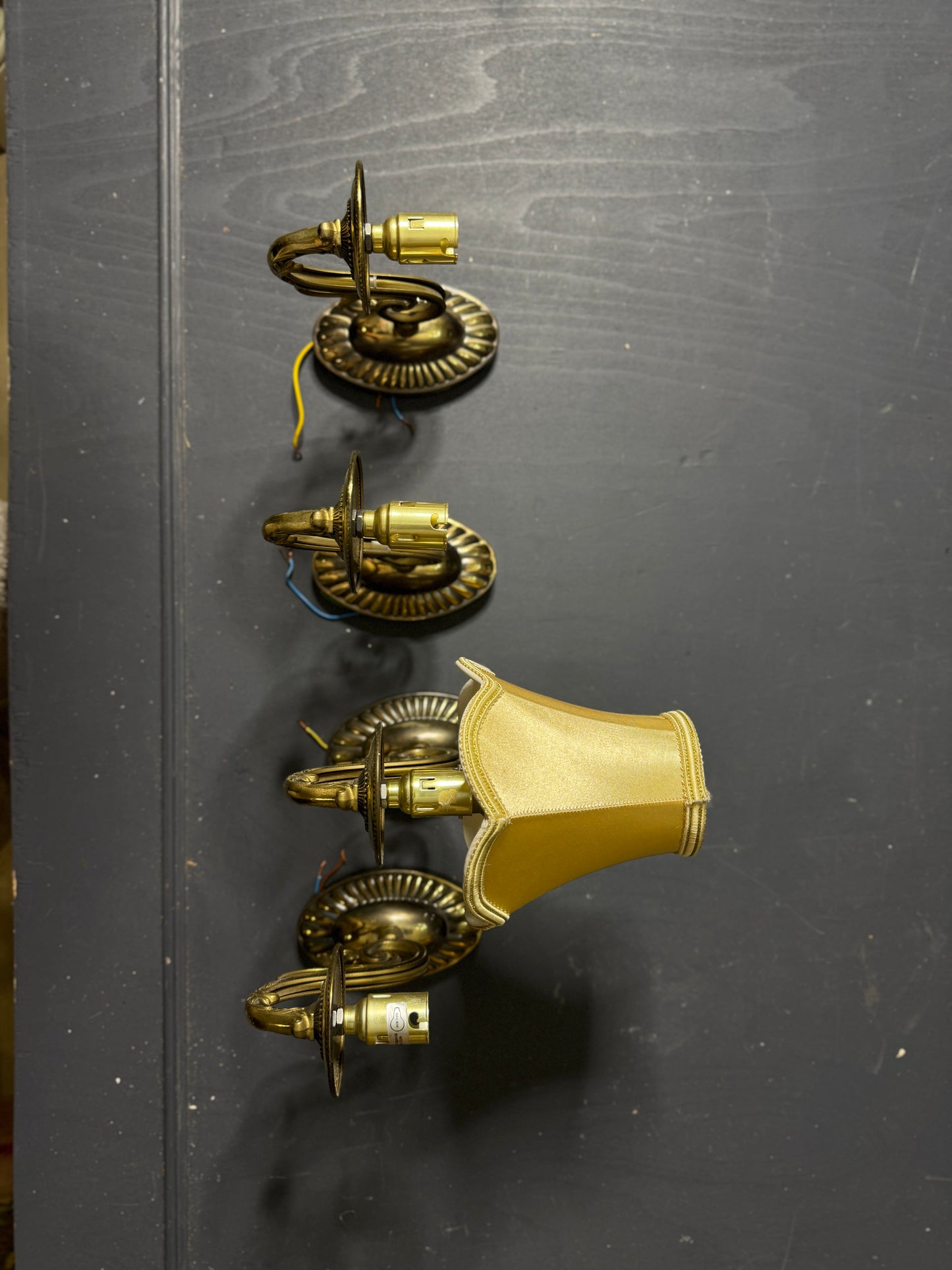 Vintage Satin Brass Lighting Set — 5-Arm Chandelier, Pair of 3-Arm Chandeliers & 4 Single Wall Lights