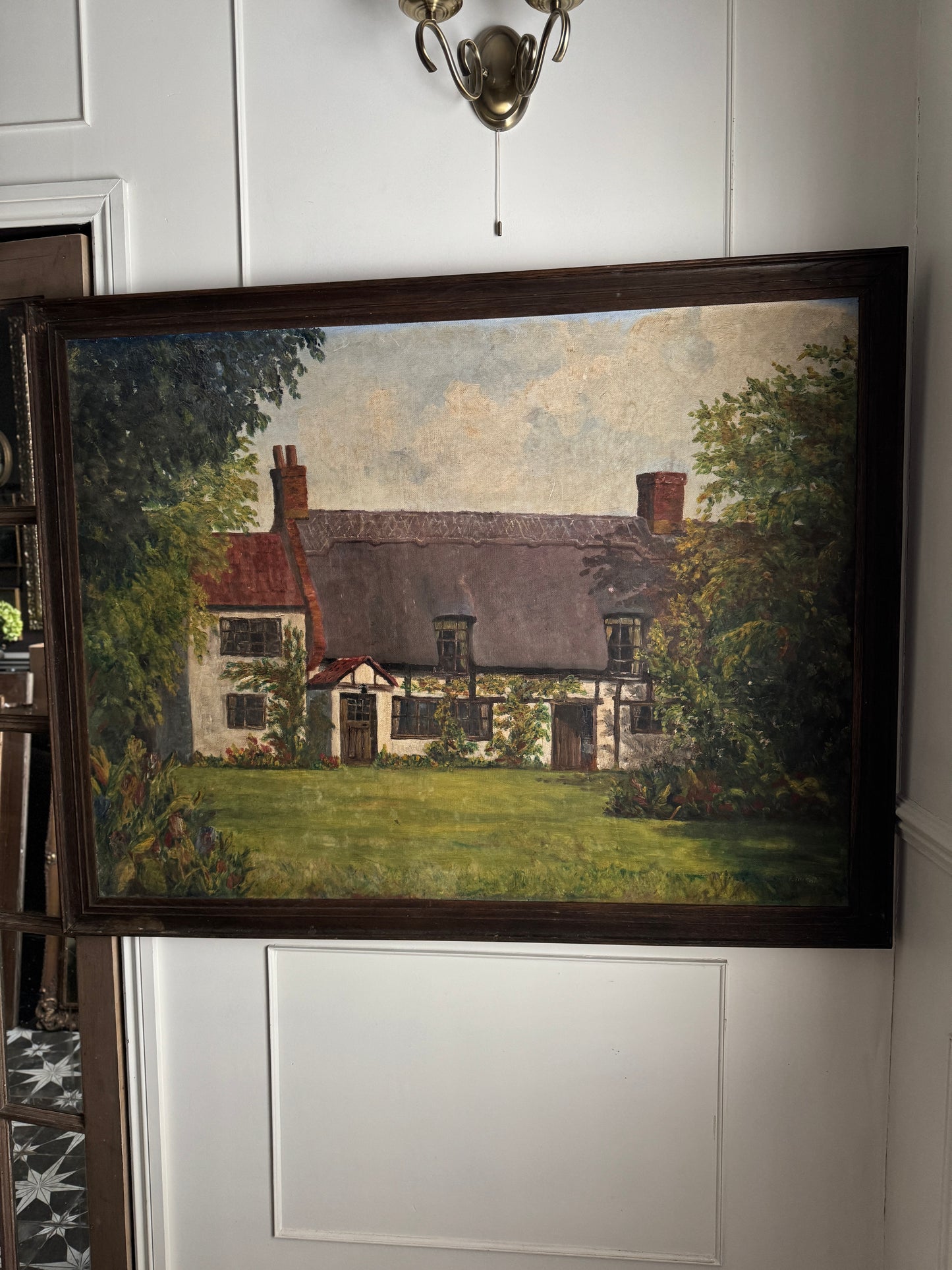 Extra Large English Cottage Oil Painting –Framed Rustic Thatched Farmhouse Scene 127 x 99 cm