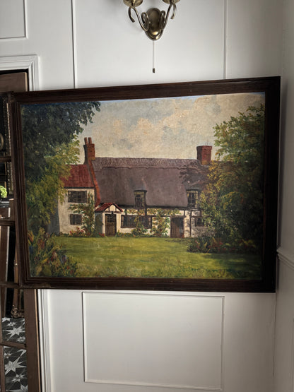 Extra Large English Cottage Oil Painting –Framed Rustic Thatched Farmhouse Scene 127 x 99 cm