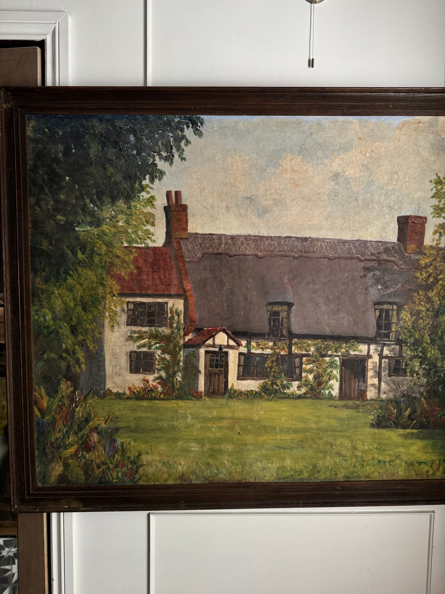 Extra Large English Cottage Oil Painting –Framed Rustic Thatched Farmhouse Scene 127 x 99 cm