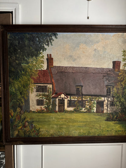 Extra Large English Cottage Oil Painting –Framed Rustic Thatched Farmhouse Scene 127 x 99 cm