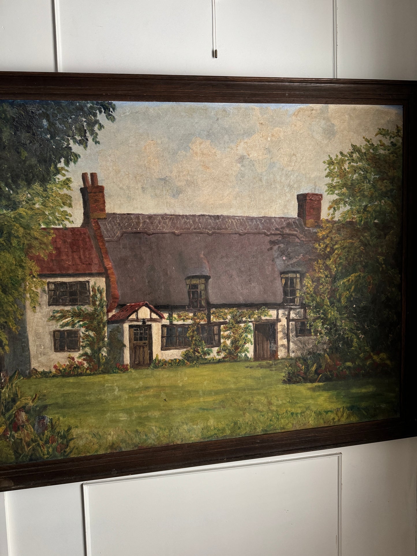Extra Large English Cottage Oil Painting –Framed Rustic Thatched Farmhouse Scene 127 x 99 cm