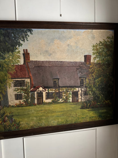 Extra Large English Cottage Oil Painting –Framed Rustic Thatched Farmhouse Scene 127 x 99 cm