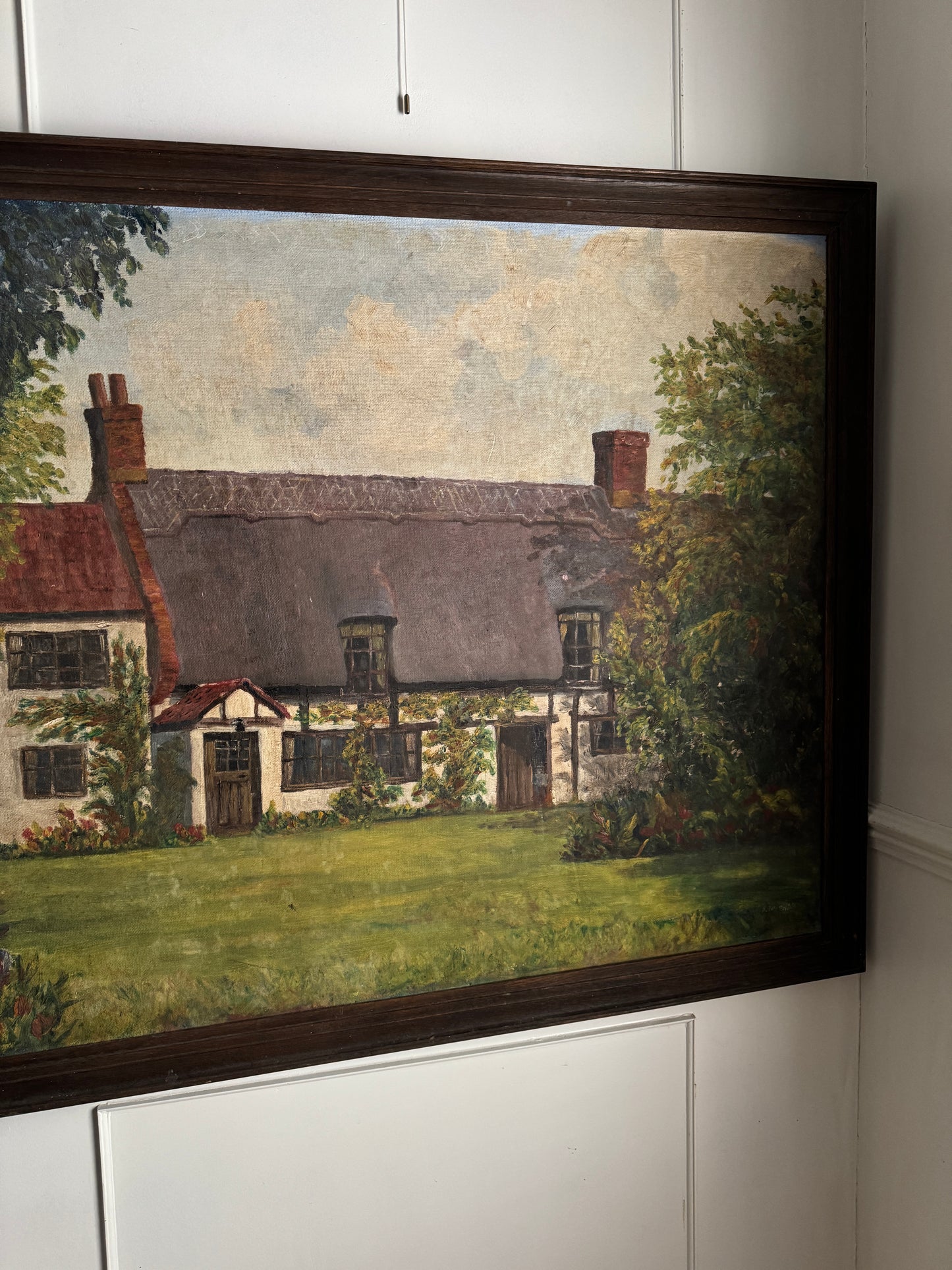 Extra Large English Cottage Oil Painting –Framed Rustic Thatched Farmhouse Scene 127 x 99 cm
