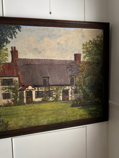 Extra Large English Cottage Oil Painting –Framed Rustic Thatched Farmhouse Scene 127 x 99 cm