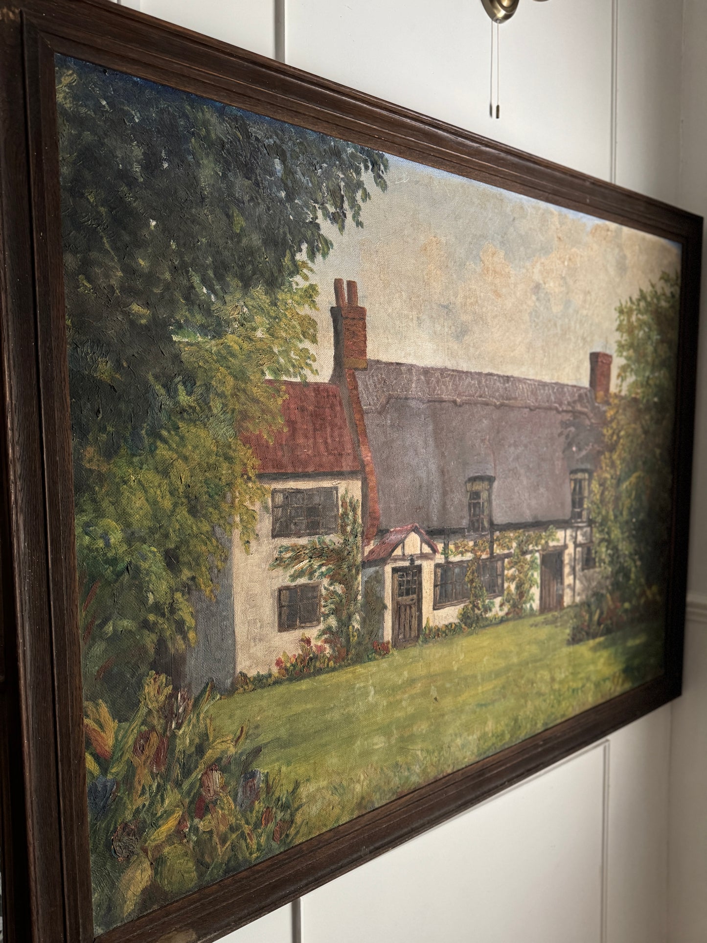 Extra Large English Cottage Oil Painting –Framed Rustic Thatched Farmhouse Scene 127 x 99 cm
