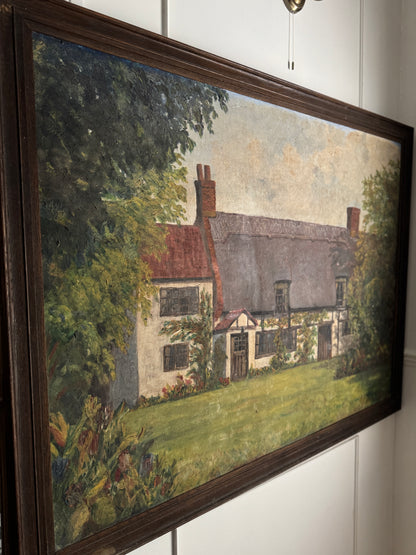 Extra Large English Cottage Oil Painting –Framed Rustic Thatched Farmhouse Scene 127 x 99 cm
