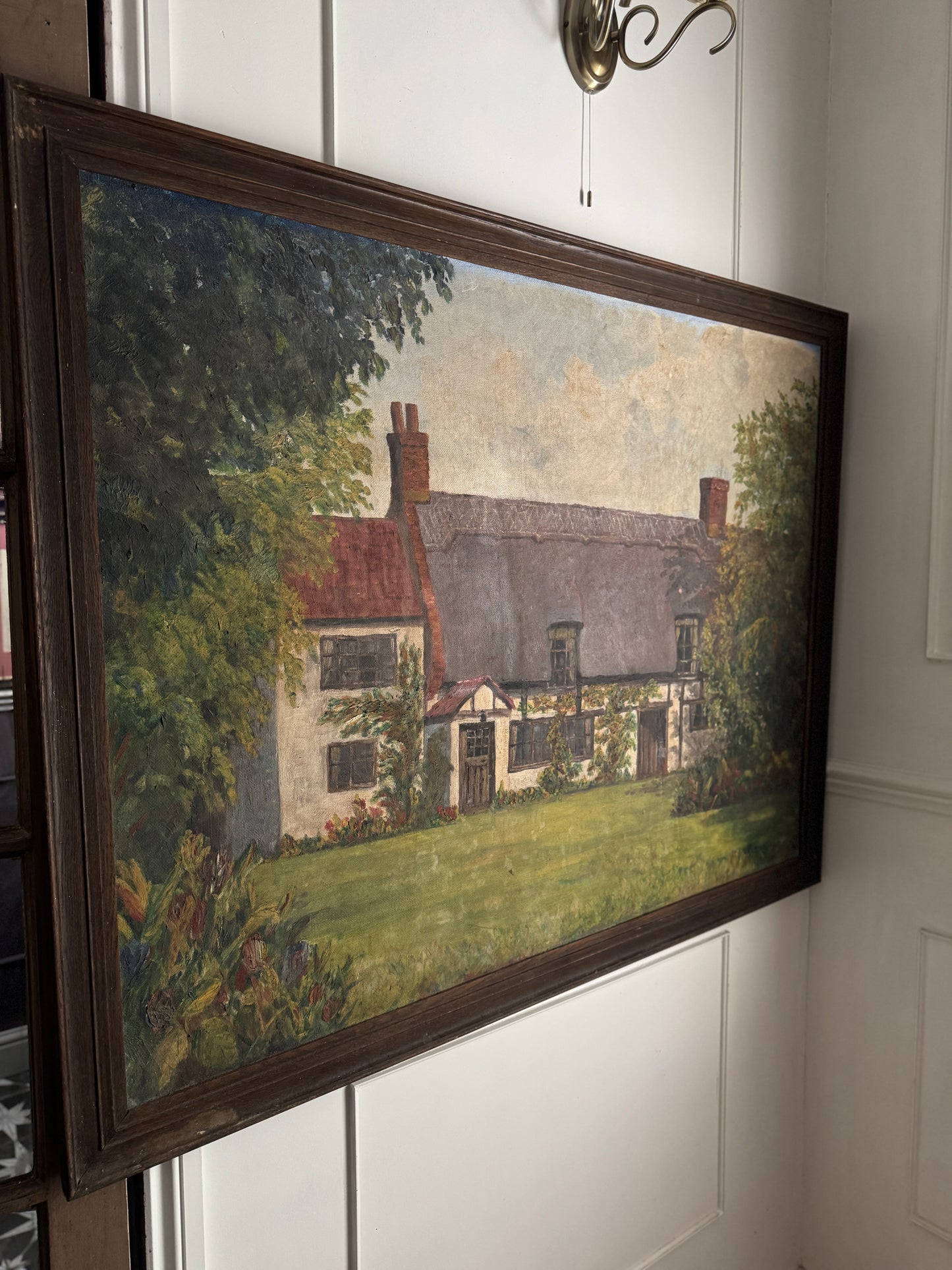 Extra Large English Cottage Oil Painting –Framed Rustic Thatched Farmhouse Scene 127 x 99 cm