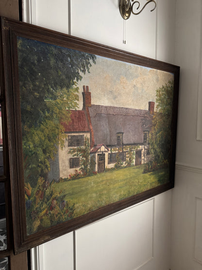 Extra Large English Cottage Oil Painting –Framed Rustic Thatched Farmhouse Scene 127 x 99 cm