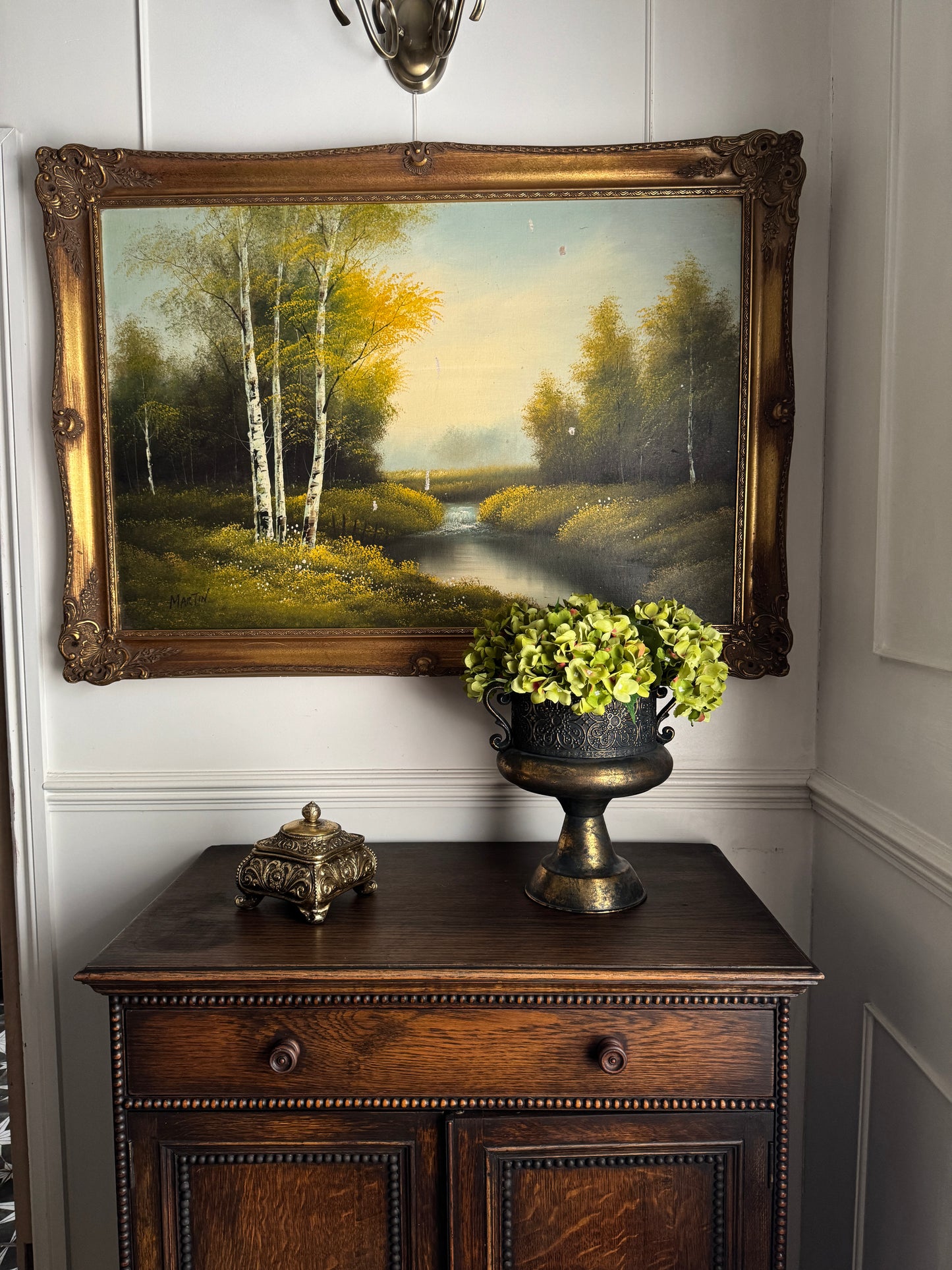 Vintage Large Landscape Oil Painting – Woodland River Scene, Ornate Gilt Frame (104 x 74 cm)