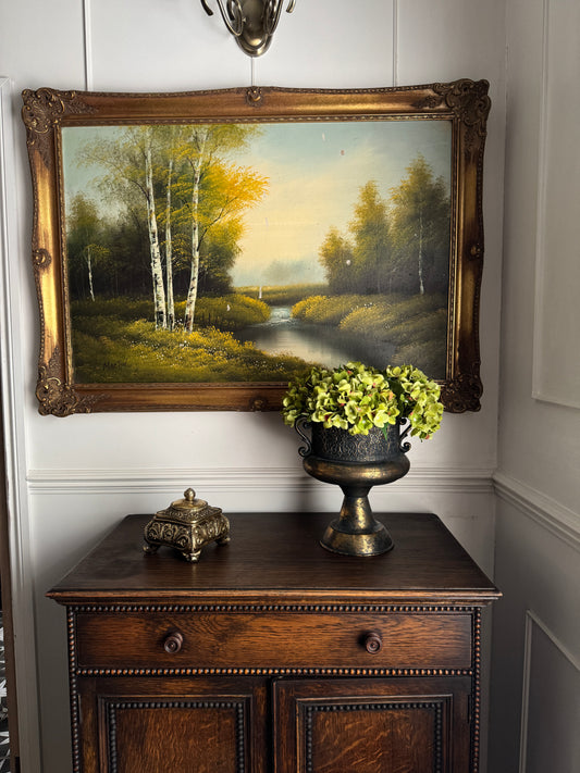 Vintage Large Landscape Oil Painting – Woodland River Scene, Ornate Gilt Frame (104 x 74 cm)