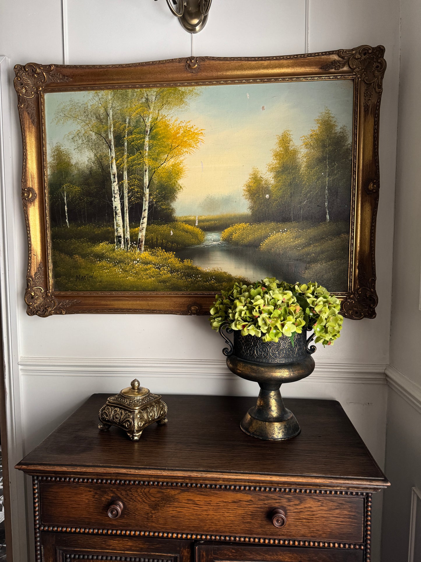 Vintage Large Landscape Oil Painting – Woodland River Scene, Ornate Gilt Frame (104 x 74 cm)