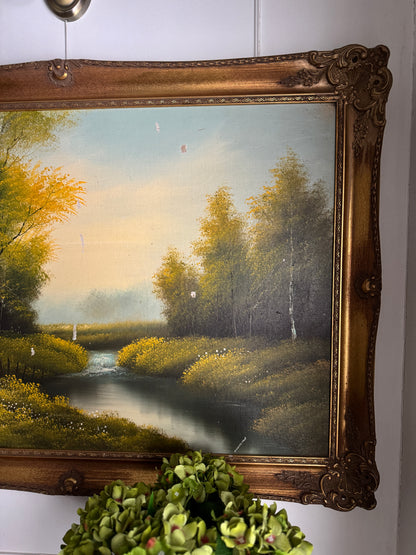 Vintage Large Landscape Oil Painting – Woodland River Scene, Ornate Gilt Frame (104 x 74 cm)