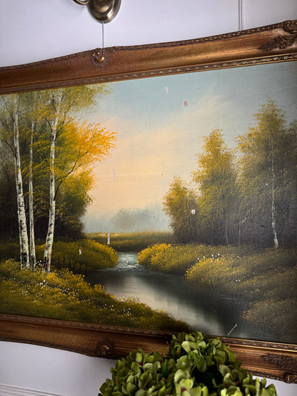 Vintage Large Landscape Oil Painting – Woodland River Scene, Ornate Gilt Frame (104 x 74 cm)